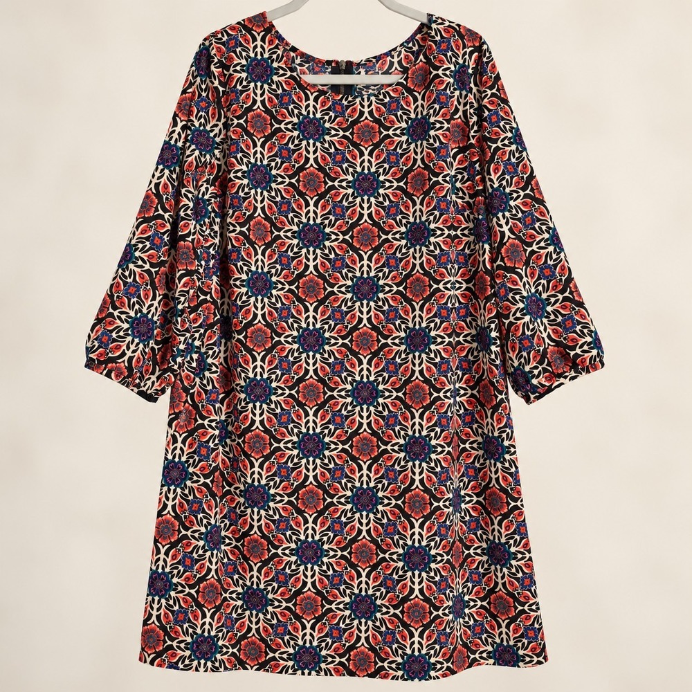 Boho Floral Shift Dress XL Retro Mod Scoop Neck 3/4 Sleeve Fall Layering